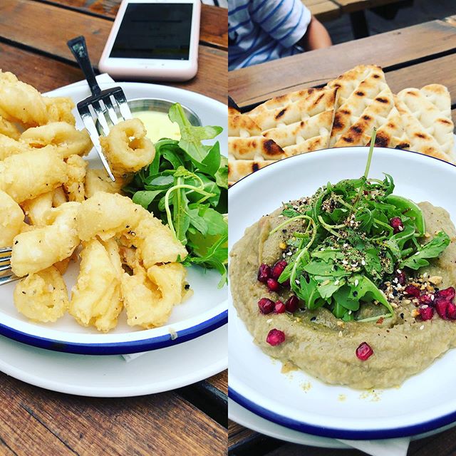 Snack time. Crispy squid. Aubergine dip